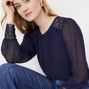 Ann Taylor Navy Lace Detail Sheer Sleeve Blouse – Size S - Like New
